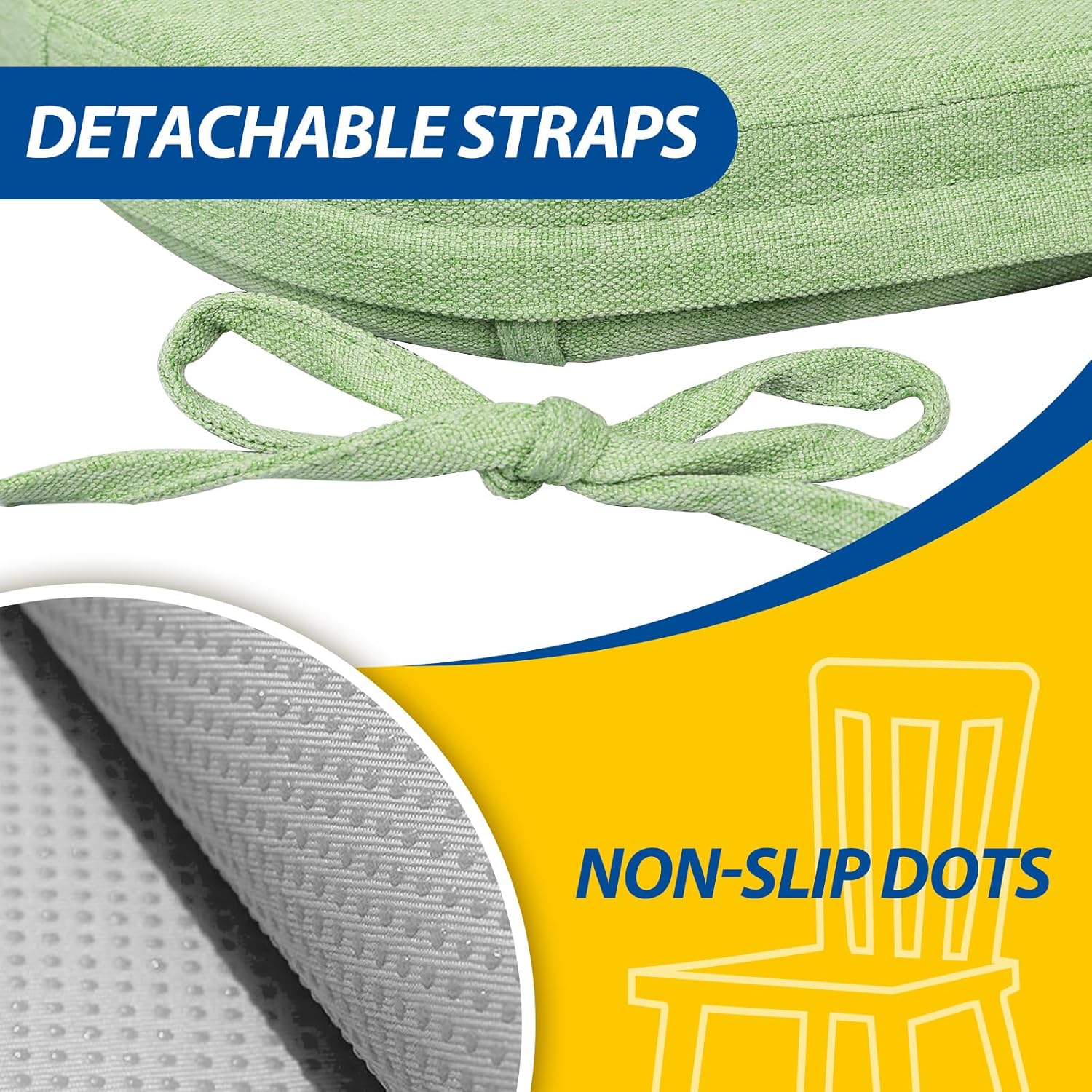 AAAAAcessories D-Shaped Chair Cushions, 2" Thick Dining Chair Pads with Ties and Removable, Machine-Washable Cover, 17" x 16", Set of 4, Pear Green