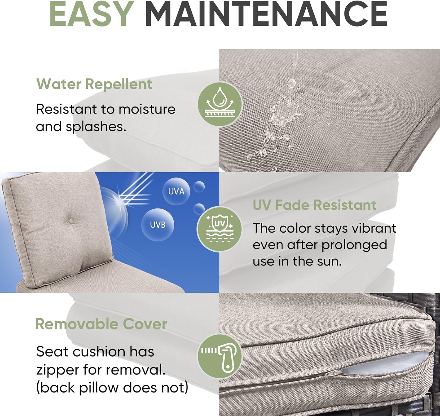 Outdoor Chair Cushion Set of 3, Waterproof Outdoor Seat Cushions 25x22, Patio Chair Cushions for Outdoor Furniture, Couch Cushion Replacement, Include 3 Back & 3 Seat Cushions, Button/Beige