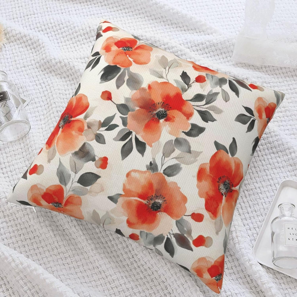 Fall Burnt Orange Floral Throw Pillow Covers 18x18 Inch Set of 2, Black Beige Watercolor Flowers Pillow Cushion Cases, Modern Decorative Square Pillowcases for Couch Sofa Bedroom Living Room Decor