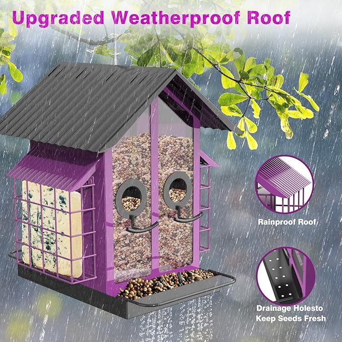 Bird Feeders for Outdoors, Metal Bird Feeder with Double Suet Cage Weatherproof Metal Roof, 2 in 1 Mixed Seeds Suet Feeder, 4Lbs Large Capacity, Great for Finch、Cardinal、Chickadee（Purple）
