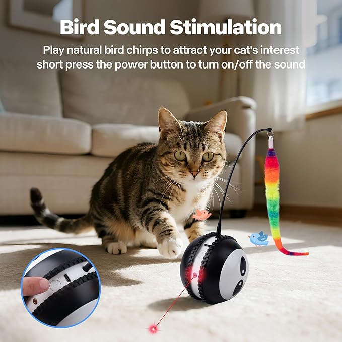 Pet Prime Interactive Cat Toy Motion Activated Cat Laser Toy Automatic Self Moving Ball with Bird Chirping,Rechargeable Exercise Stimulation Toys for Bored Black