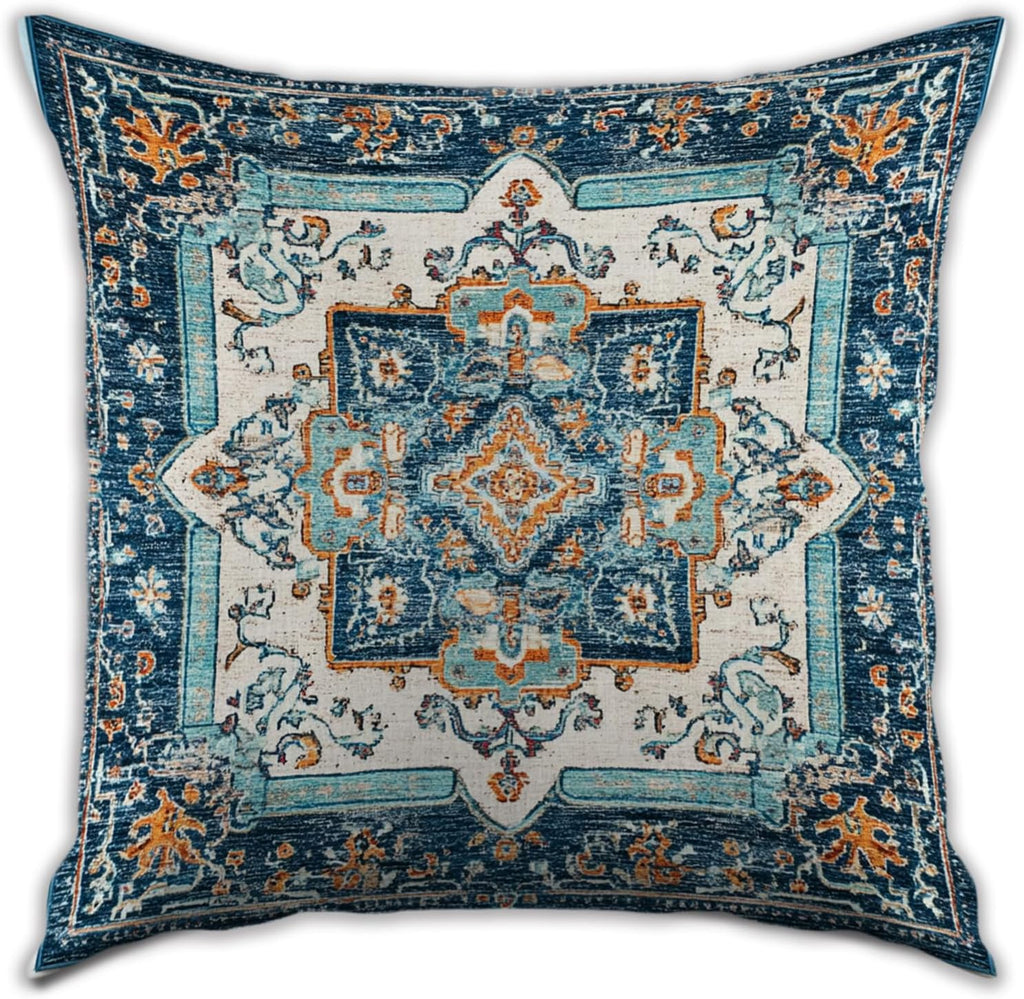 Vintage Boho Floral Print Throw Pillow Cover, Orange, Blue - Retro Rust Floral Decor Pillowcase, Indoor Outdoor Cushion Case for Sofa Couch Bed Living Room Bedroom Home (Blue&White, 18x18inch)