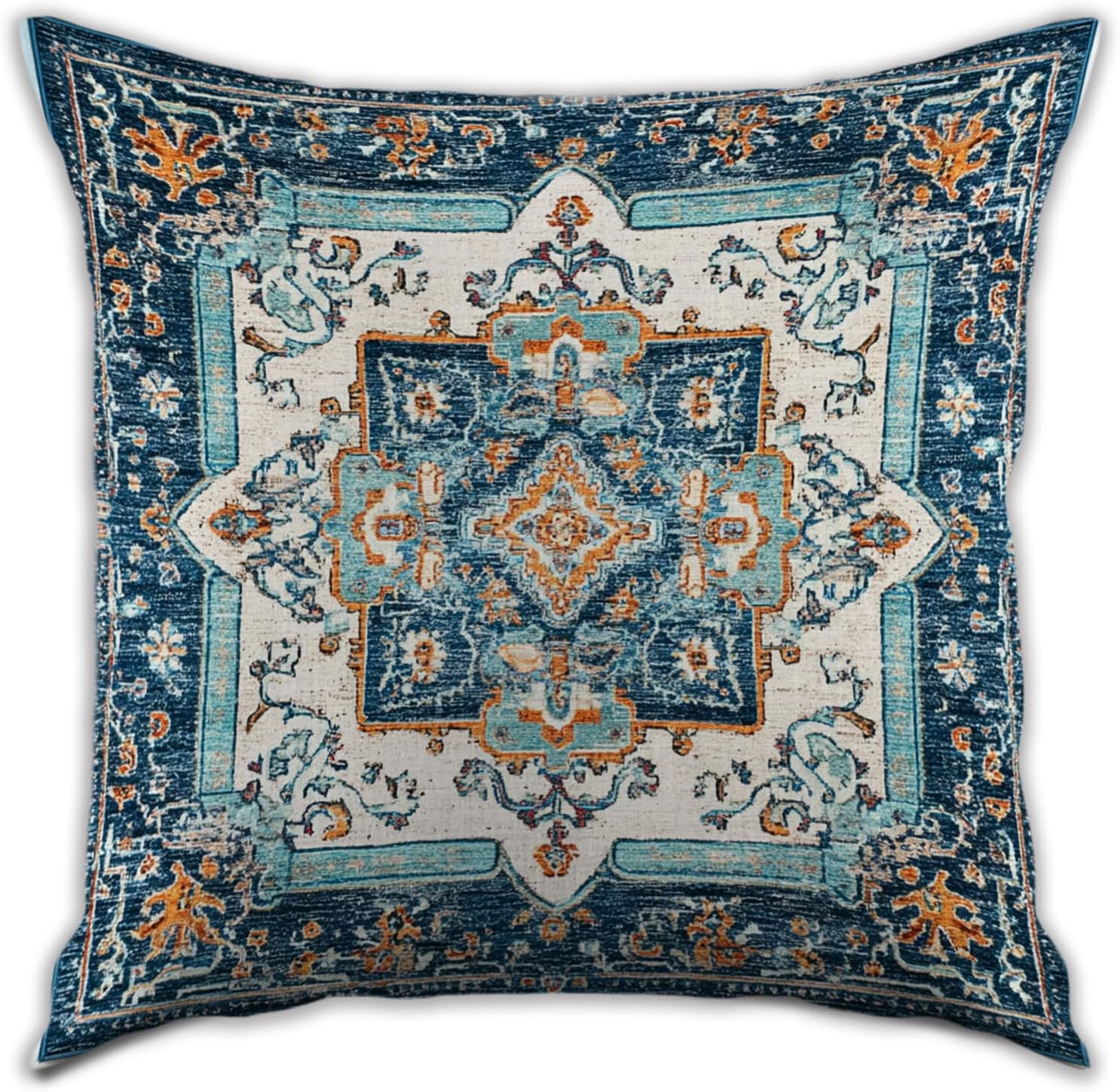 Vintage Boho Floral Print Throw Pillow Cover, Orange, Blue - Retro Rust Floral Decor Pillowcase, Indoor Outdoor Cushion Case for Sofa Couch Bed Living Room Bedroom Home (Blue&White, 18x18inch)
