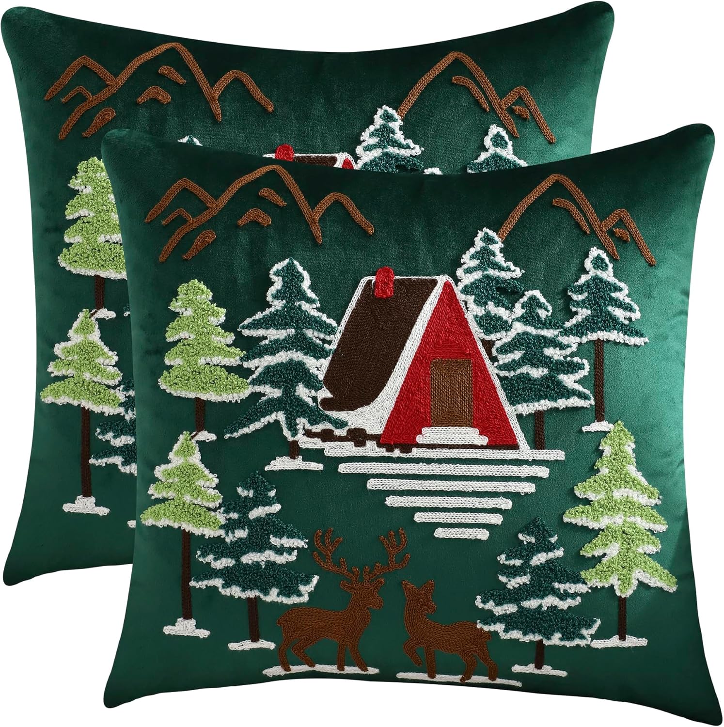 LUOYEHK Christmas Green Pillow Covers 18x18 Set of 2 House and Deer Decorative Pillow Cases Winter Holiday Velvet Embroidered Cushion Covers for Couch Sofa Bed