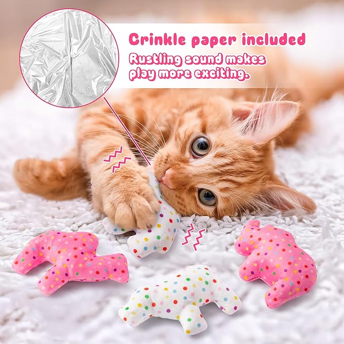 MALLMALL6 6Pcs Frosted Animal Cookie Catnip Crinkle Paper Sound Toys Gift for Cat, Catmint Teething Chew Kick Interactive Toy for Indoor Cats, Soft Candy Pet Presents Supplies for Kitten Lover