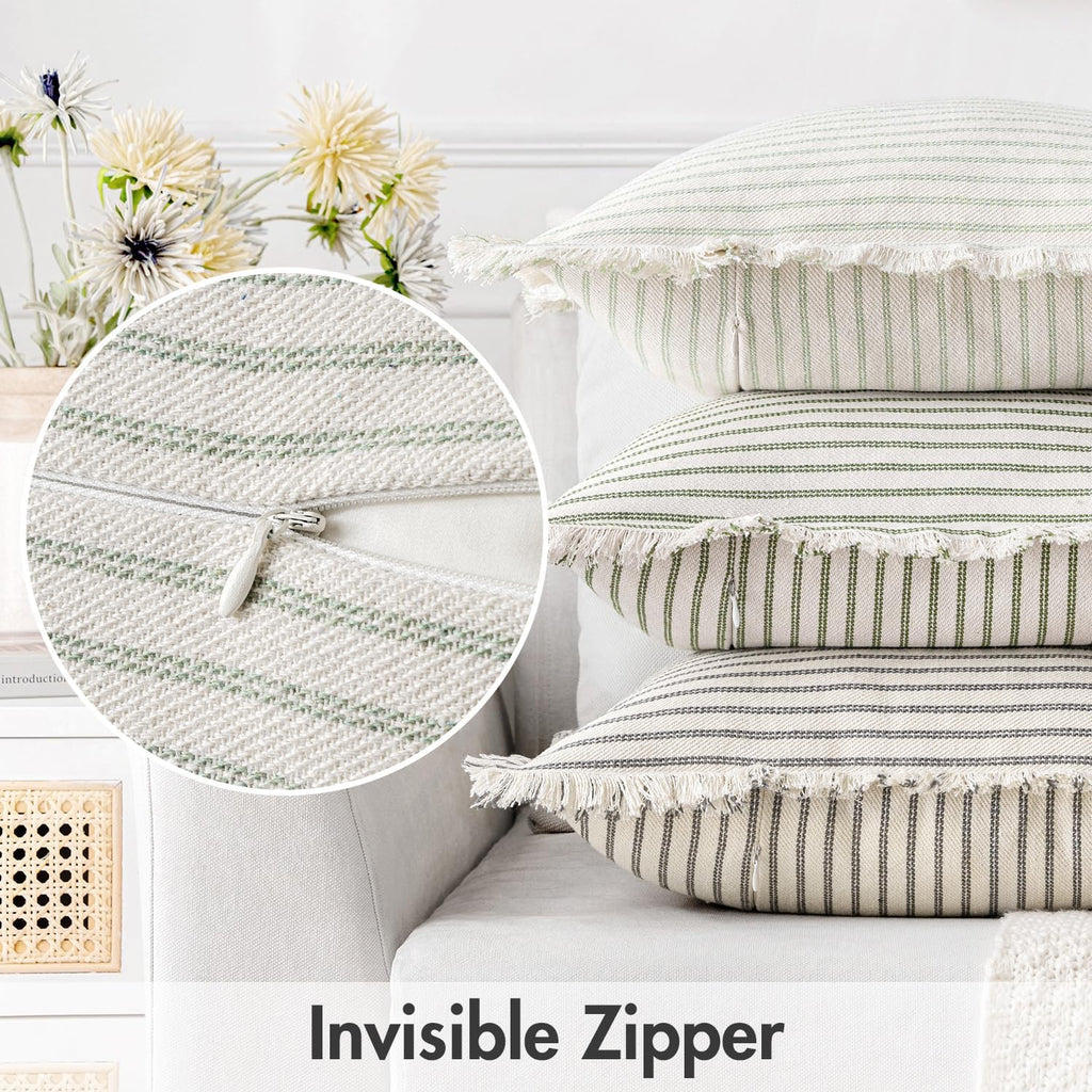 MIULEE Pack of 2 Sage Green Pillow Covers 18x18 Inch Striped Farmhouse Couch Spring Throw Pillow Covers with Fringe Chic Linen Decorative Cushion Covers for Sofa Living Room Bed Outdoor Home Decor