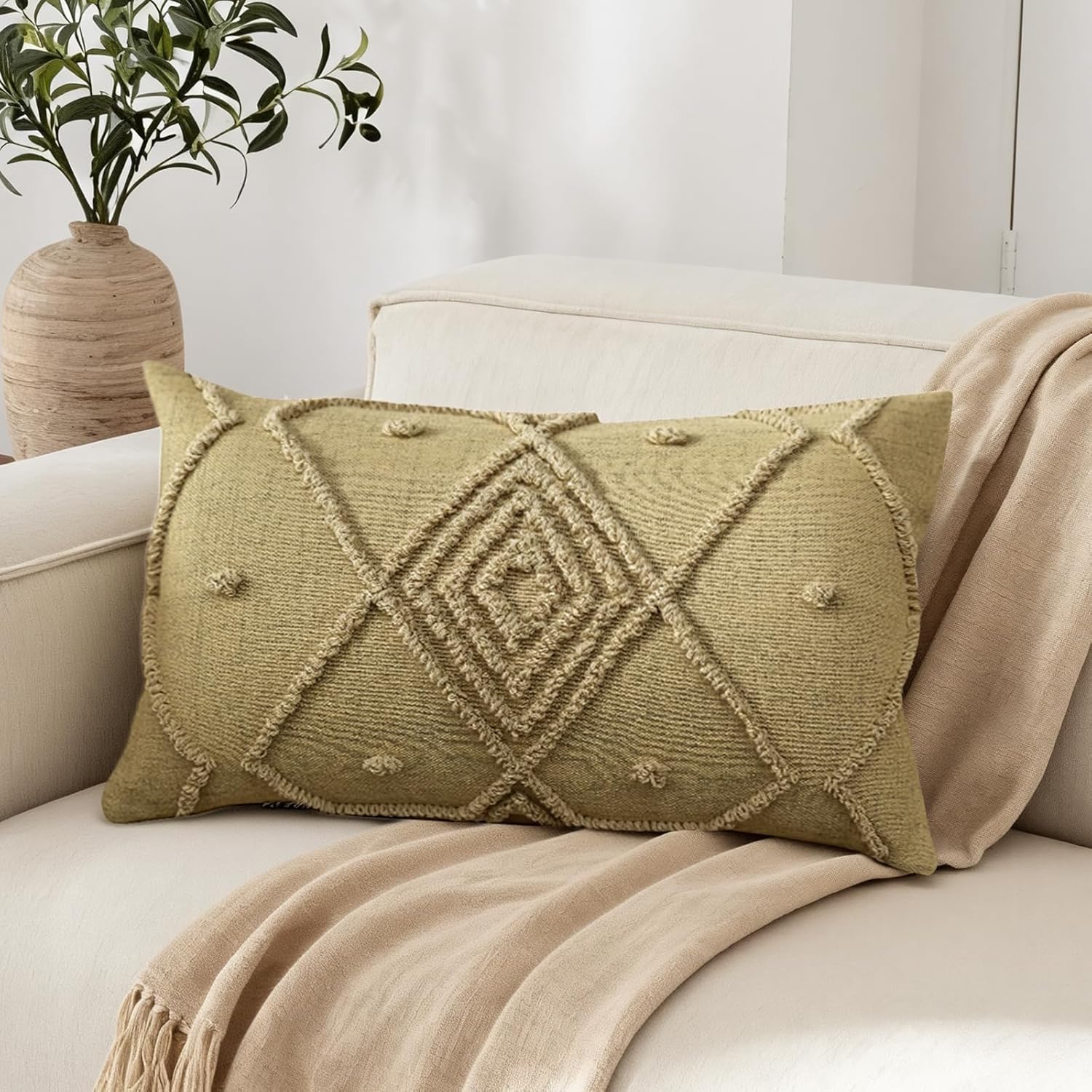 Boho Geometric Textured Lumbar Pillow Cover 12x 20, Woven Tufted Neutral Decorative Linen Pillow Cushion Case, Farmhouse Home Decor for Outdoor Couch Bedroom Car Sage Green