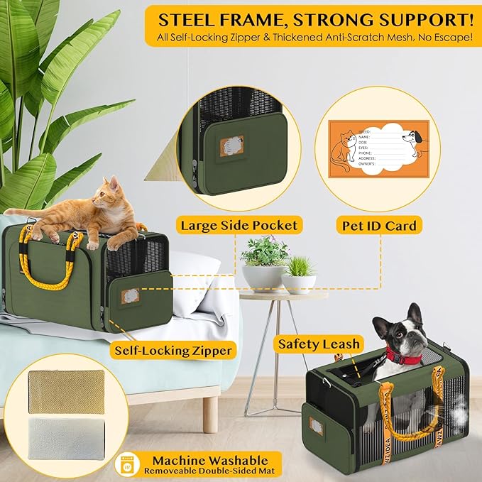 PAWZIDEA Expandable Pet Carrier w/ID Card, 18″×11″×11″ Small Dog Carrier TSA Airline Approved, Top Load Cat Carrier for 2 Cats Under Seat, Soft-Sided Collapsible Puppy & Animal Travel Bag, up 15 lbs