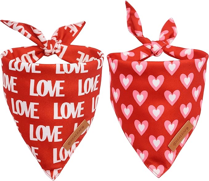 Realeaf Love Dog Bandanas 2 Pack, Triangle Reversible Mothers Day Valentine's Day Pet Scarf for Boy and Girl, Premium Durable Fabric, Holiday Bandana for Medium and Large Dogs (Large)