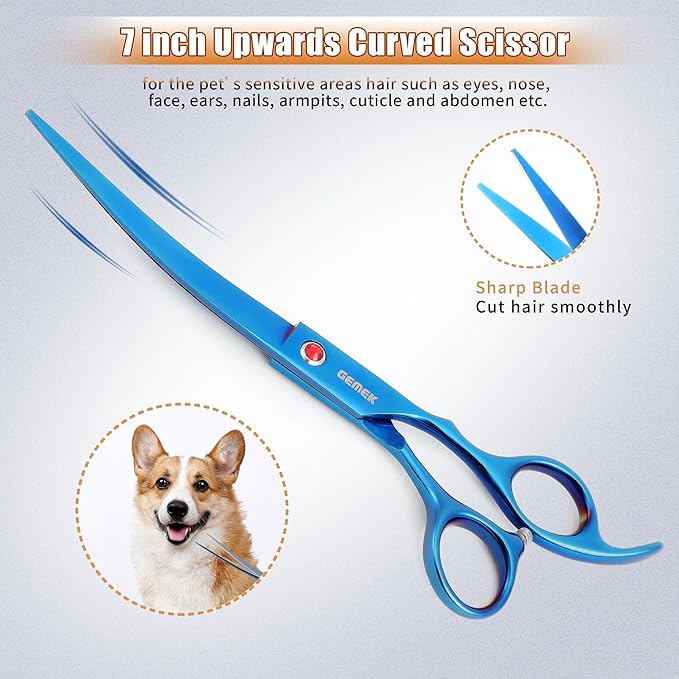7.0in Titanium Blue Professional Pet Grooming Scissors Set, GEMEK 6 in 1 Straight & Thinning & Upwards Curved & Downwards Curved Scissors & Comb for Dogs, Cats (Blue)