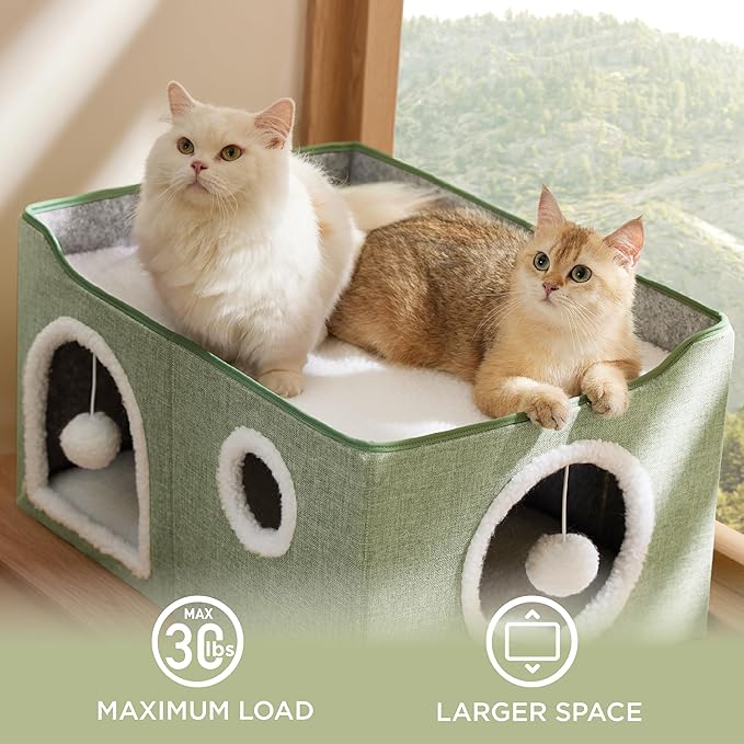 Bedsure Large Cat Beds for Indoor Cats - Extra Wide Cat Cube House for Small Pet with Fluffy Ball Hanging and Scratch Pad, Foldable Pet Cave Hideaway for Multiple Cats, 23.6x16.9x13 inches, Green