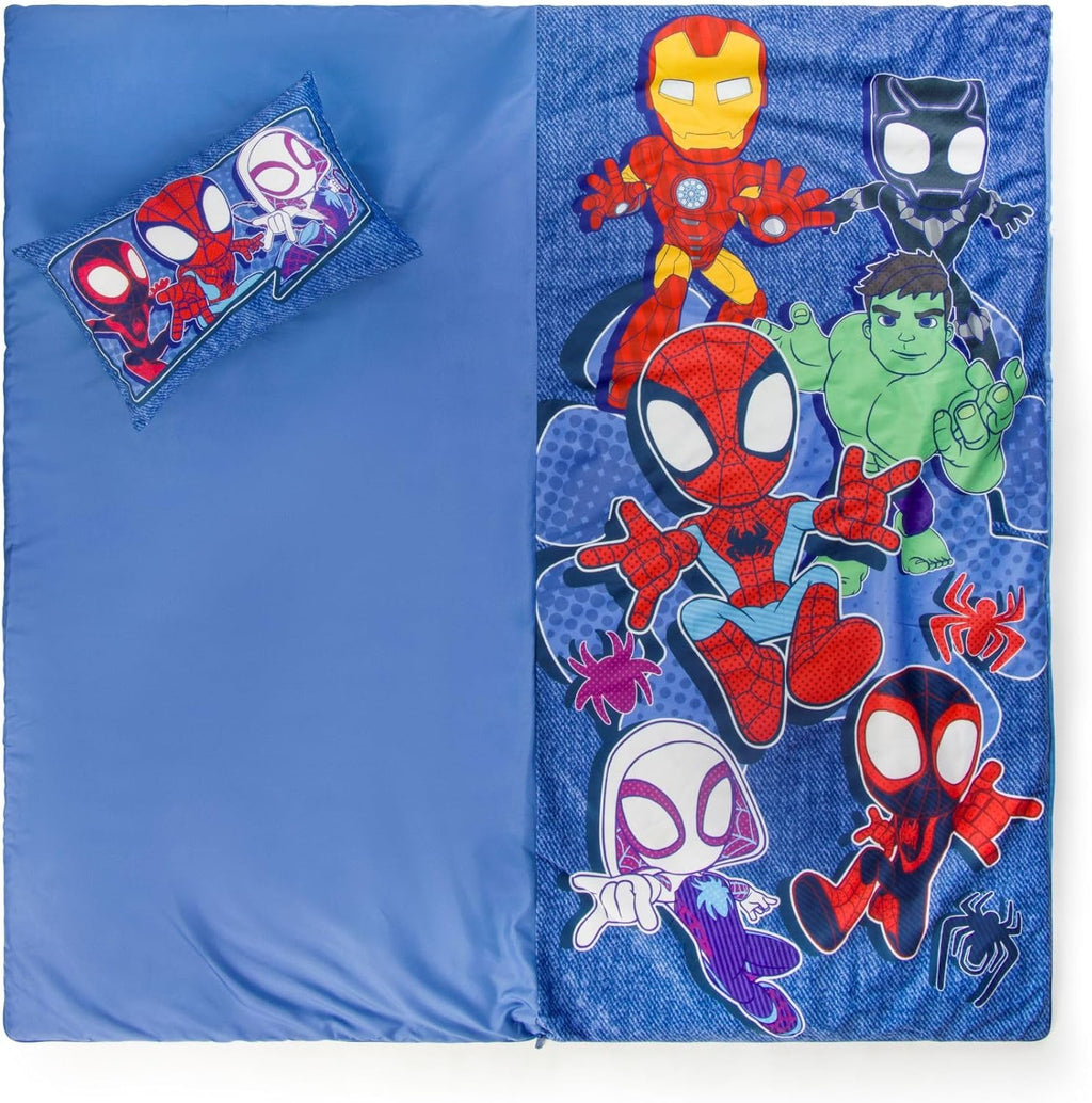 Jay Franco Kids Slumber Bag and Pillow - 54 x 27 Inch Comfy Indoor Sleeping Bag for School and Sleepovers, 2 Piece Set, Blue - Spidey & His Amazing Friends