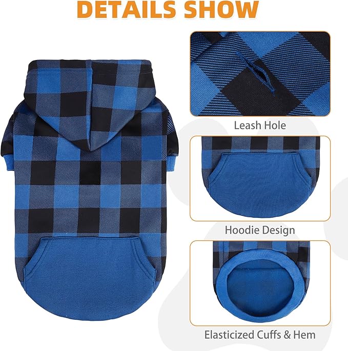 KOOLTAIL Plaid Dog Hoodie Pet Clothes Sweater with Hat and Pocket for Small Medium Large Size Dogs, Soft Winter Warm Dog Cold Weather Coat, Fleece Fall Dog Hooded Sweatshirt for Puppy Cats, Blue XS
