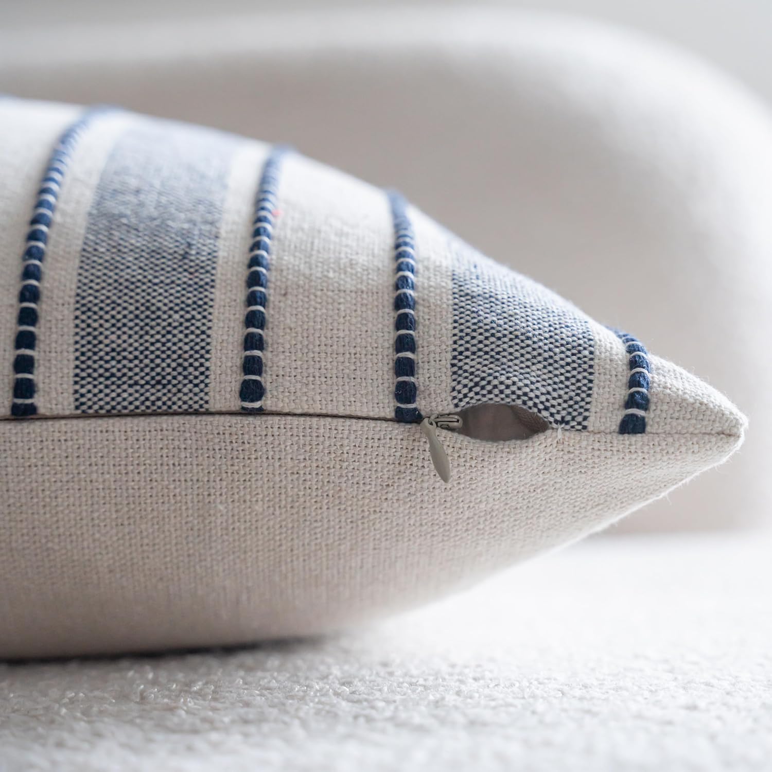 Decorative Boho Throw Pillow Covers, Farmhouse Textured Pillow Case, 22 x 22 Inch Set of 2, Chair Sofa Bedroom Living Room Decor Couch Cushion Case, Navy Blue and Beige Striped