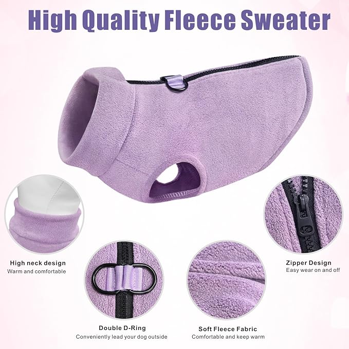 Idepet Dog Fleece Vest Sweater Zip Up Warm Pullover Dogs Jacket with D-Ring Leash Winter Cold Weater Coat Pet Sweatershirt Clothes Hoodie for Small Medium Dogs Boy Girl (Purple, L)