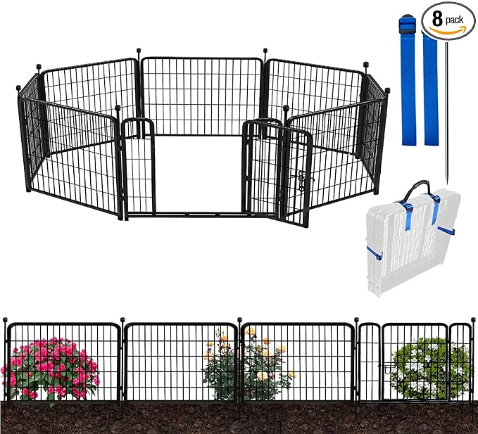 ADAVIN Garden Fencing 24 Inch High, Low Threshold Gate, 8 Panels Total 19.7 Ft(L), Temporary Fences for Dogs Outdoor, Fencing for Garden Beds, Black Metal Decorative Flowers Fence, Rabbit Fence