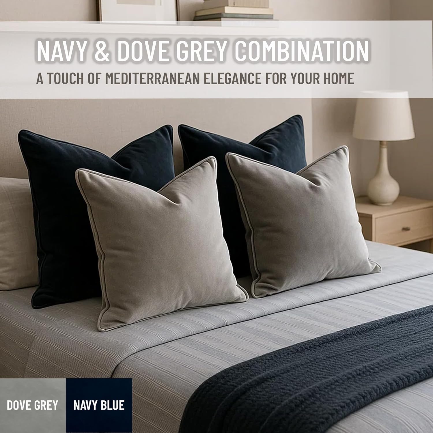 2 Pack Velvet Decorative Throw Pillow Covers, 12"x20", Navy Blue and Grey, Solid, Modern, Contrast Piping, Indoor Use, Bedroom & Living Room