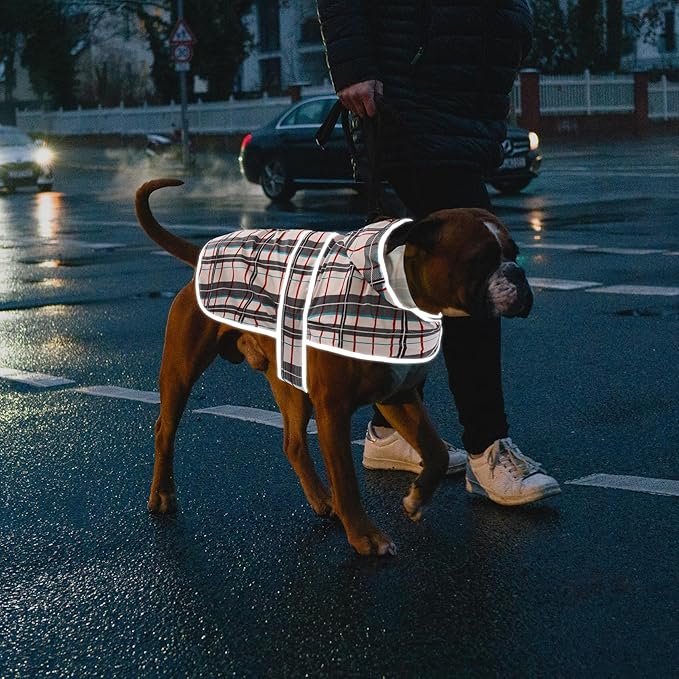 Dog Raincoat for Medium Dogs Waterproof Hooded Rain Jacket with Reflective Strips Leash Hole & Poncho Adjustable Fit (Plaid,L)