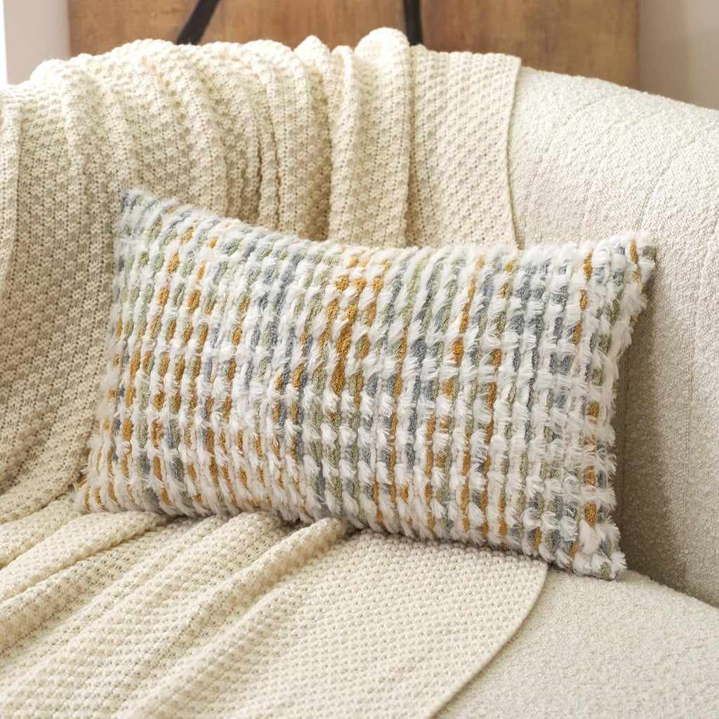 Aeckself Boho Chenille Tufted Pillow Cover 12 x 20 Inch, Rectangle Decorative Lumbar Throw Pillow Cover Neutral Pillowcase for Couch Bedroom Living Room, Yellow White