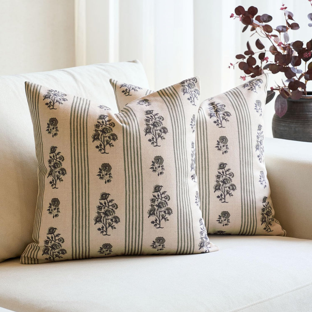 Amor Virisso Floral Throw Pillow Covers 24x24 Set of 2 Block Print Pillow Covers Neutral Floral Striped Farmhouse Decorative Pillow Covers for Sofa Couch Bed, Dusty Green