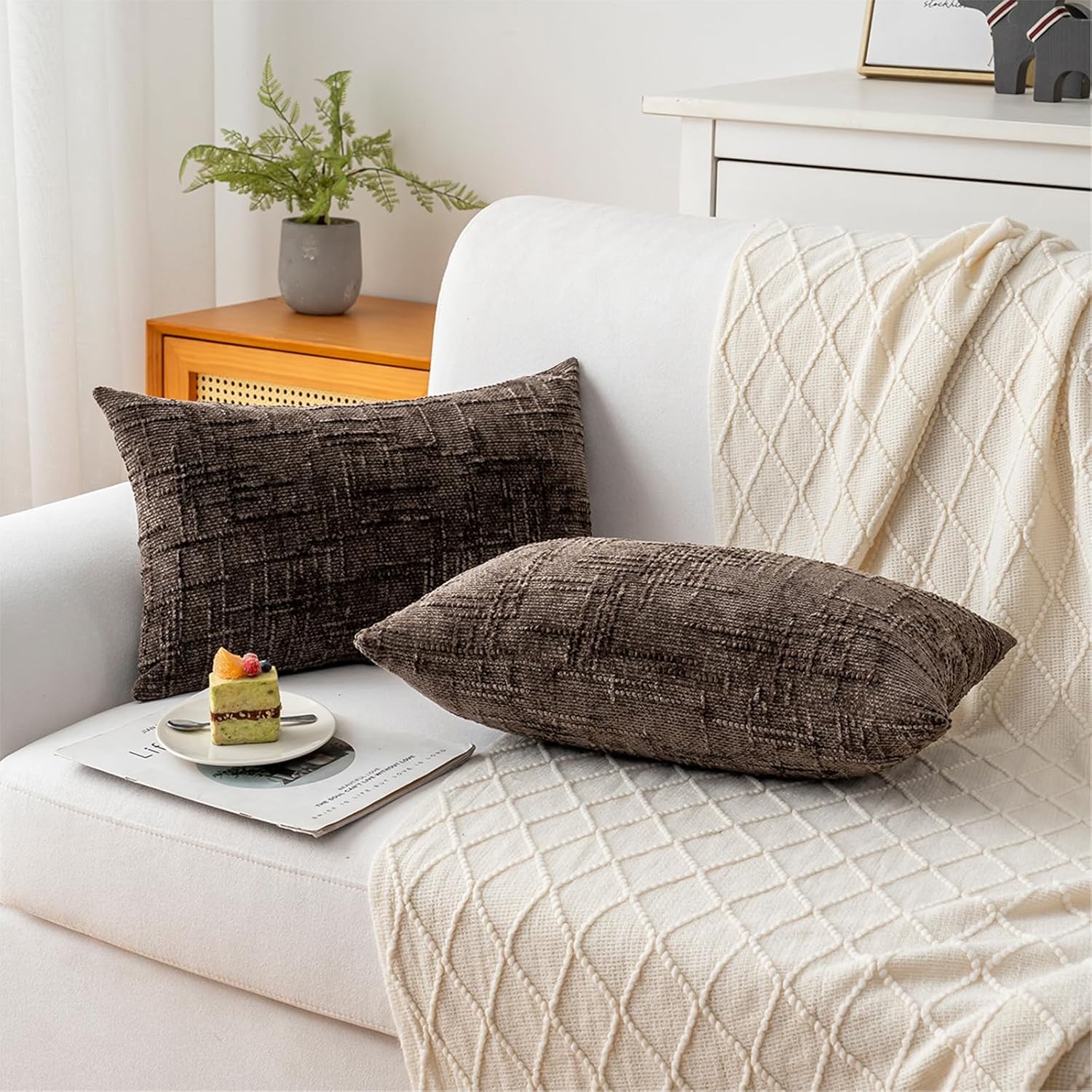 Decorative Throw Pillow Covers 12x20 Inch Set of 2, Soft Solid Farmhouse Chenille Couch Pillows, Spring Pillow Covers for Couch Sofa Bed Living Room Home Decor Pillowcase, Brown