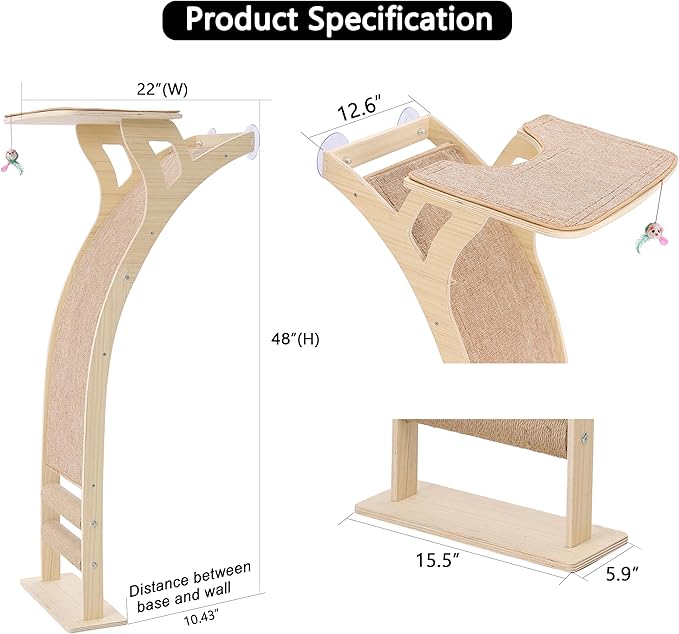 Cat Window Perch with Scratcher Ramp, 48" Climbing Tree Suctions Cups to Window Maximum Hold Up to 45lb, Wood Kitty Bed for Small Window (Drilling-Free)