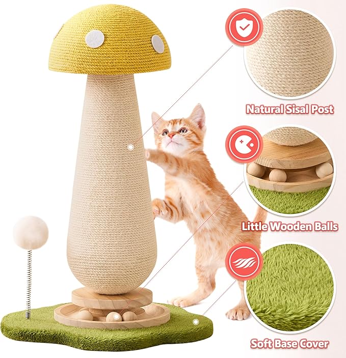 21.5‘’ H Cat Scratching Post with Catnip,Cute Mushroom Cat Scratcher Post with Durable Natural Solid Wood Turntable Toy,Lemon Yellow Mushroom Shape Cat Toy Cat Sisal Scratcher for Indoor Cats