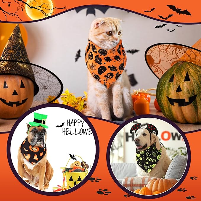 Kigeli 100 Pack Halloween Dog Bandanas Adjustable Triangle Bibs Scarf Ghost Halloween Pumpkin Spider Web Pet Bandanas Costumes Holiday Accessories for Large Medium Small Dog Puppy Cat(Small)