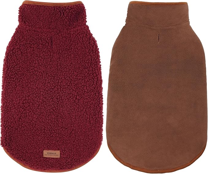 cyeollo Warm Dog Coat Fleece Sherpa Winter Sweater Coats, Turtleneck Dog Jacket Vest for Small Medium Large Dogs with Leash Hole, Soft Reversible Pet Coats for Cold Weather, Burgundy, XL