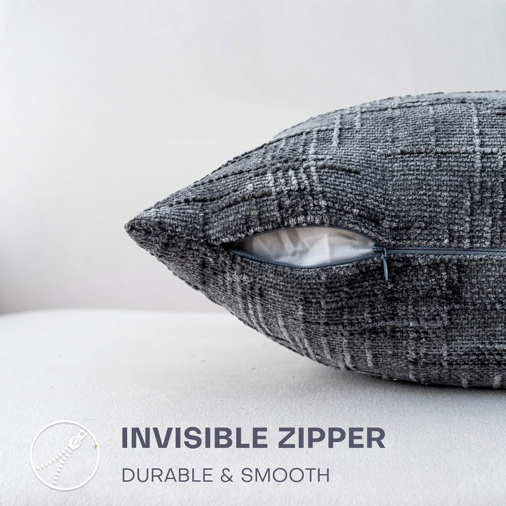 Decorative Throw Pillow Covers 18x18 Inch Set of 4, Soft Solid Farmhouse Chenille Couch Pillows, Spring Pillow Covers for Couch Sofa Bed Living Room Home Decor Pillowcase, Dark Gray