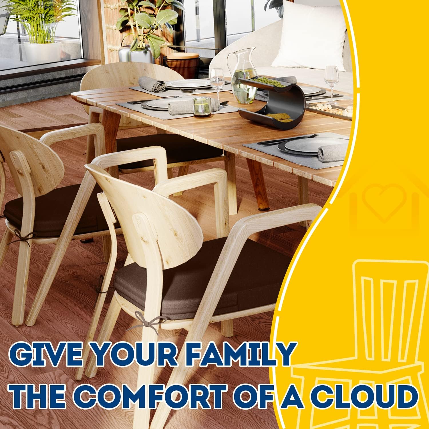 AAAAAcessories D-Shaped Chair Cushions, 2" Thick Dining Chair Pads with Ties and Removable, Machine-Washable Cover, 17" x 16", Set of 2, Brown