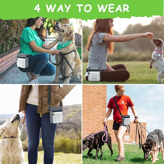 Dog Treat Pouch - 3 Ways to Wear Treat Pouches for Pet Training and 2 Pieces Clicker Taining for Dogs, Dog Training Treat Pouch Bag and Dog Clicker for Training with Waist Belt Shoulder Strap - Grey