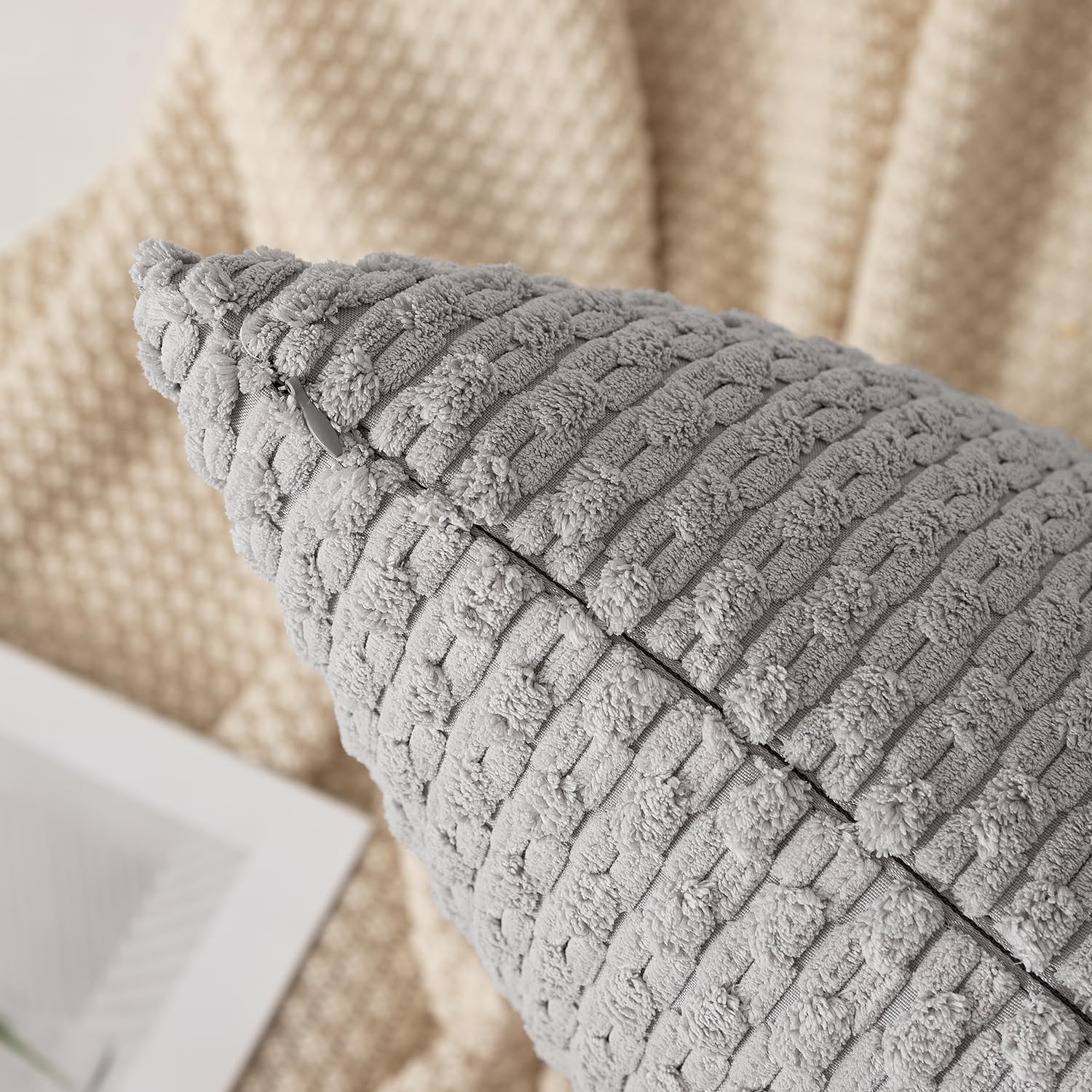 Kevin Textile 14x36 Inch Long Lumbar 1 Pack Boho Decorative Throw Pillow Cover Soft Striped Corduroy Rectangle Cushion Case Farmhouse Solid Color Accent for Living Room Couch Sofa Bed, Light Grey