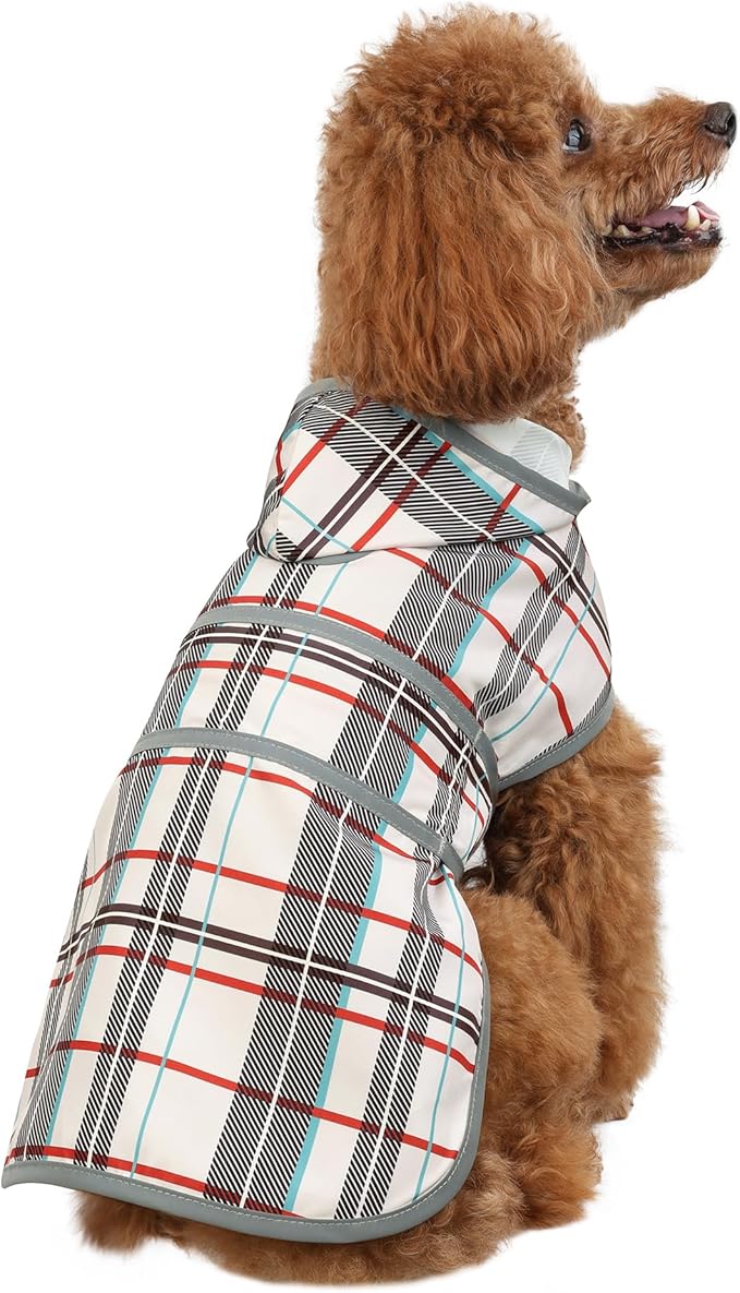 Dog Raincoat for Small Dogs Puppies Waterproof Hooded Rain Jacket with Reflective Strips Leash Hole & Poncho Adjustable Fit (Plaid,S)