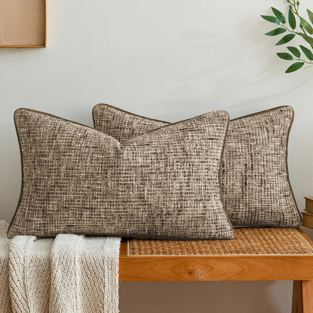 a moment Brown Reversible Pillow Covers 2 Pack - Farmhouse Chenille Throw Pillows, Neutral Textured Decorative Throw Pillow Covers with Border for Couch Sofa Bed (12x20 Inch, No Insert)