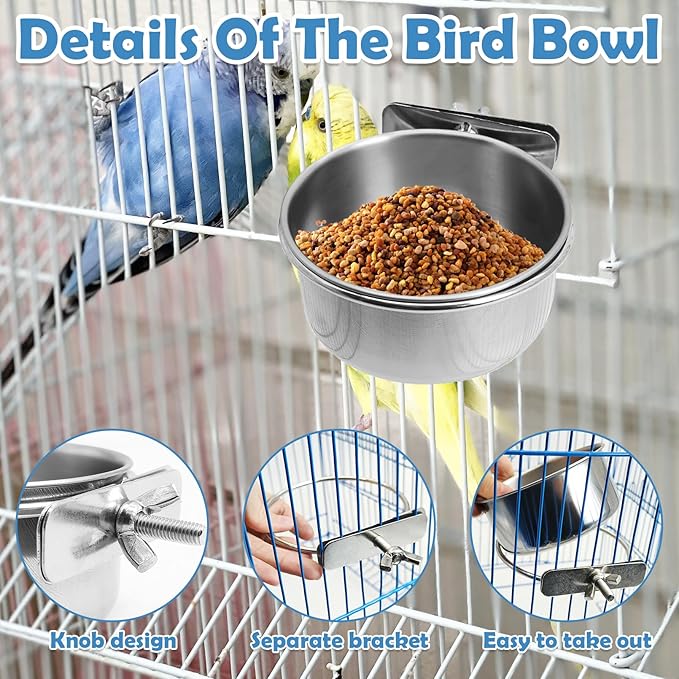 kathson 8 Pack Bird Feeding Dish Cups, Stainless Steel Parrot Feeders Water Cage Bowls with Clamp Holder Bird Feeders for Parakeet Cockatiels Conure Budgies Lovebird Finch and Small Animals