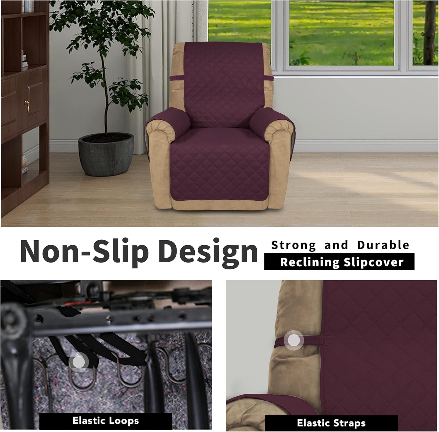 Easy-Going Recliner Chair Slipcover Reversible Sofa Cover Water Resistant Couch Cover Furniture Protector with Elastic Straps for Pets Dog (Recliner 22 inch, Wine/Beige)