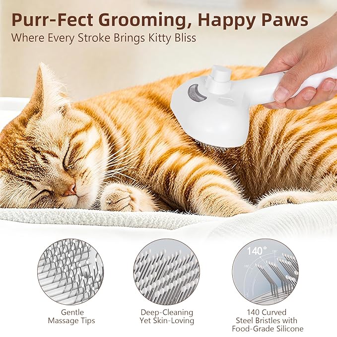 Cat Steam Brush for Shedding & Grooming - 3 in 1 Pet Brush with Waterless Shampoo, Spray Hair Removal Comb & Reusable Lint Roller for Dogs and Long Short Haired Cats, Release Button LKLZXUAN