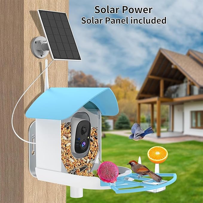 Bird Feeder with Camera, Smart AI Bird Breed Recognition,Birds Motion Detection with Real Time Notice, Solar Powered Auto Capture Bird Watching WiFi Camera,Gifts for Birdlover,Family,SkyBlue