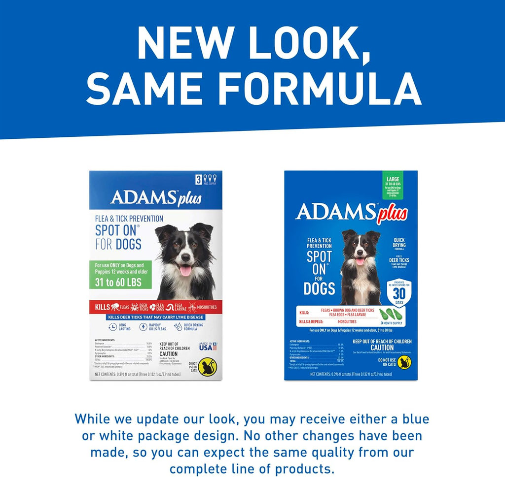 Adams Plus Flea & Tick Prevention Spot On for Dogs 31-60 Pounds ; 12 Weeks & Older, 3-Month Supply, Kills Fleas, Flea Eggs, Flea Larvae & Brown Dog & Deer Ticks, Kills & Repels Mosquitoes for 30 Days