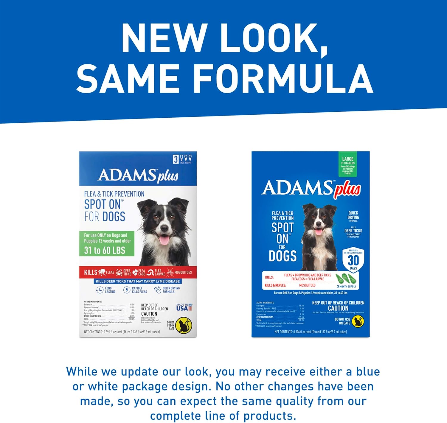 Adams Plus Flea & Tick Prevention Spot On for Dogs 31-60 Pounds ; 12 Weeks & Older, 3-Month Supply, Kills Fleas, Flea Eggs, Flea Larvae & Brown Dog & Deer Ticks, Kills & Repels Mosquitoes for 30 Days