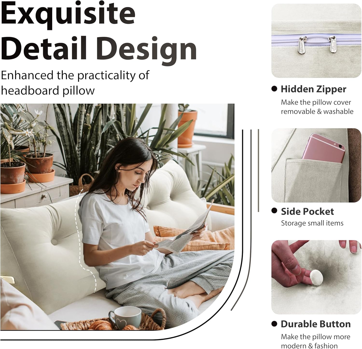 Bed Wedge Headboard Pillow - College Dorm Reading Pillow Back Support While Sitting in Bed - Ergonomic Lumbar Pillow Body Positioning Bed Pillow - Velvet Beige 54IN