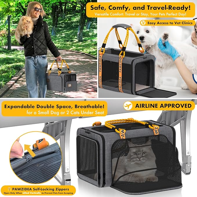 PAWZIDEA Expandable Pet Carrier with Wheels, 18"X11"X11" TSA-Approved Cat Carrier for 2 Cats Under Seat, Soft-Sided Top Load Dog Carrier for Small Dogs Rolling Travel Bag w/Telescopic Handle, ID Card
