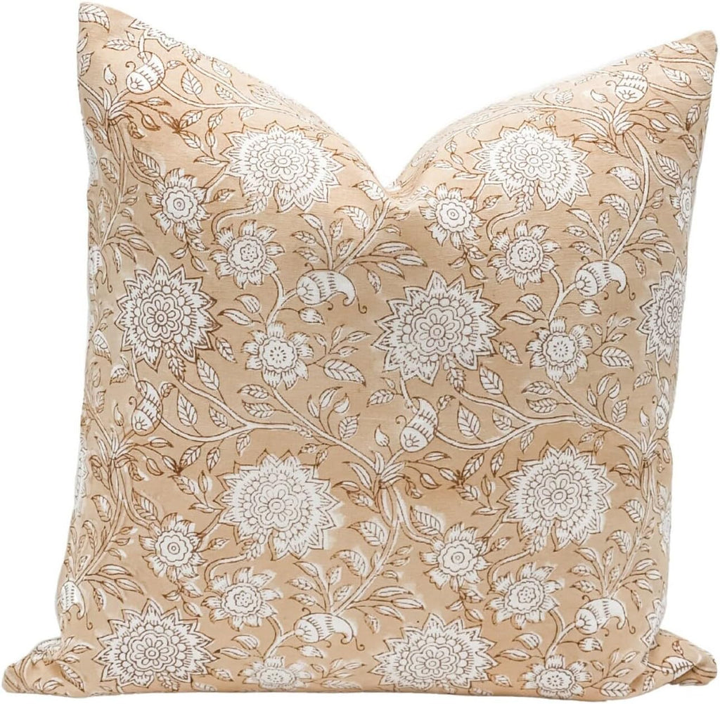 Designer Floral Warm Beige Tan on Off White Linen Pillow Cover, Peachy Pillow Cover, Boho Pillow, Neutral Pillow Cover, Floral Pillow Cover (Warm Beige Tan, 26x26)