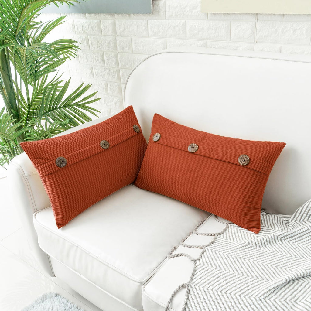 HWY 50 Burnt Orange Chenille Throw Pillow Covers 12x20 Inch with Triple Buttons, Soft Fall Farmhouse Accent Decorative Cushion Cases for Couch Sofa Bed Living Room Pack of 2 Rectangle