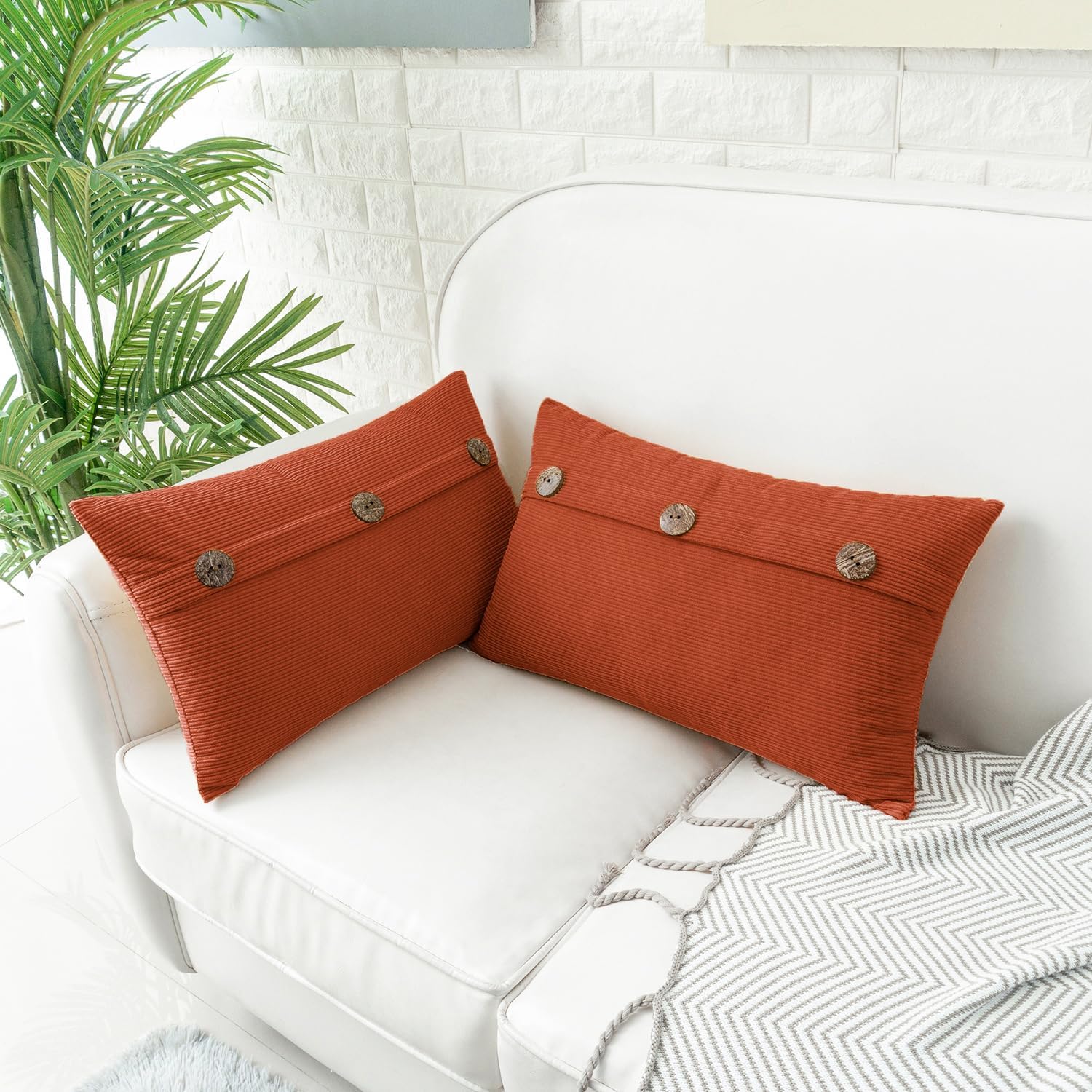 HWY 50 Burnt Orange Chenille Throw Pillow Covers 12x20 Inch with Triple Buttons, Soft Fall Farmhouse Accent Decorative Cushion Cases for Couch Sofa Bed Living Room Pack of 2 Rectangle