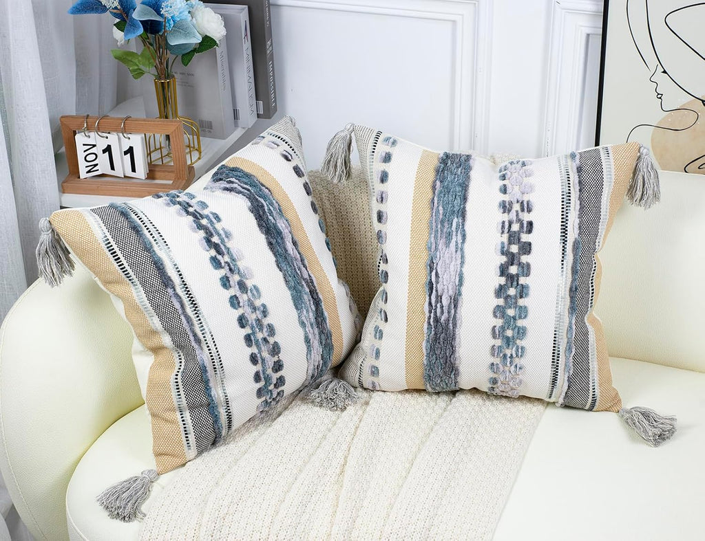 PANOD Chenille Farmhouse Throw Pillow Covers 16 x 16 Light Grey, Neutral Boucle Couch Pillow Cover, Striped Decorative Boho Coushion Cover Pillow Case for Couch Bed Sofa Bedroom,Modern Accent,Set of 2