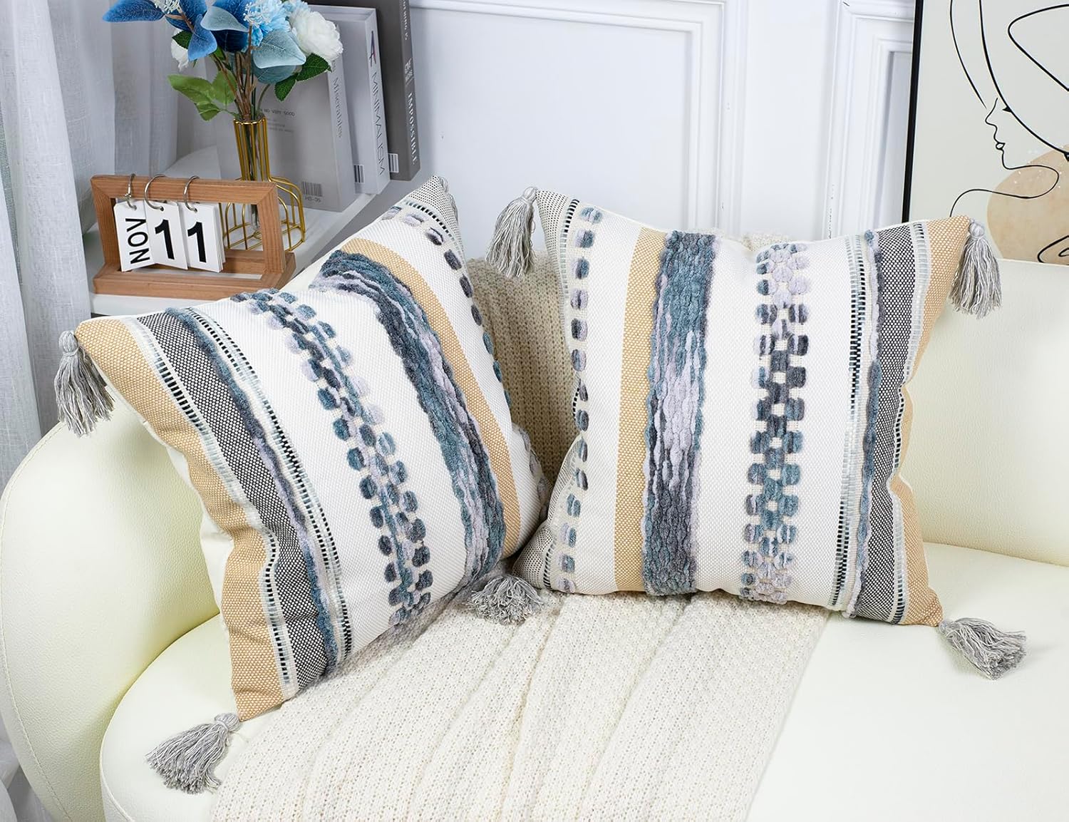 PANOD Chenille Farmhouse Throw Pillow Covers 18 x 18 Light Grey, Neutral Boucle Couch Pillow Cover, Striped Decorative Boho Coushion Cover Pillow Case for Couch Bed Sofa Bedroom,Modern Accent,Set of 2