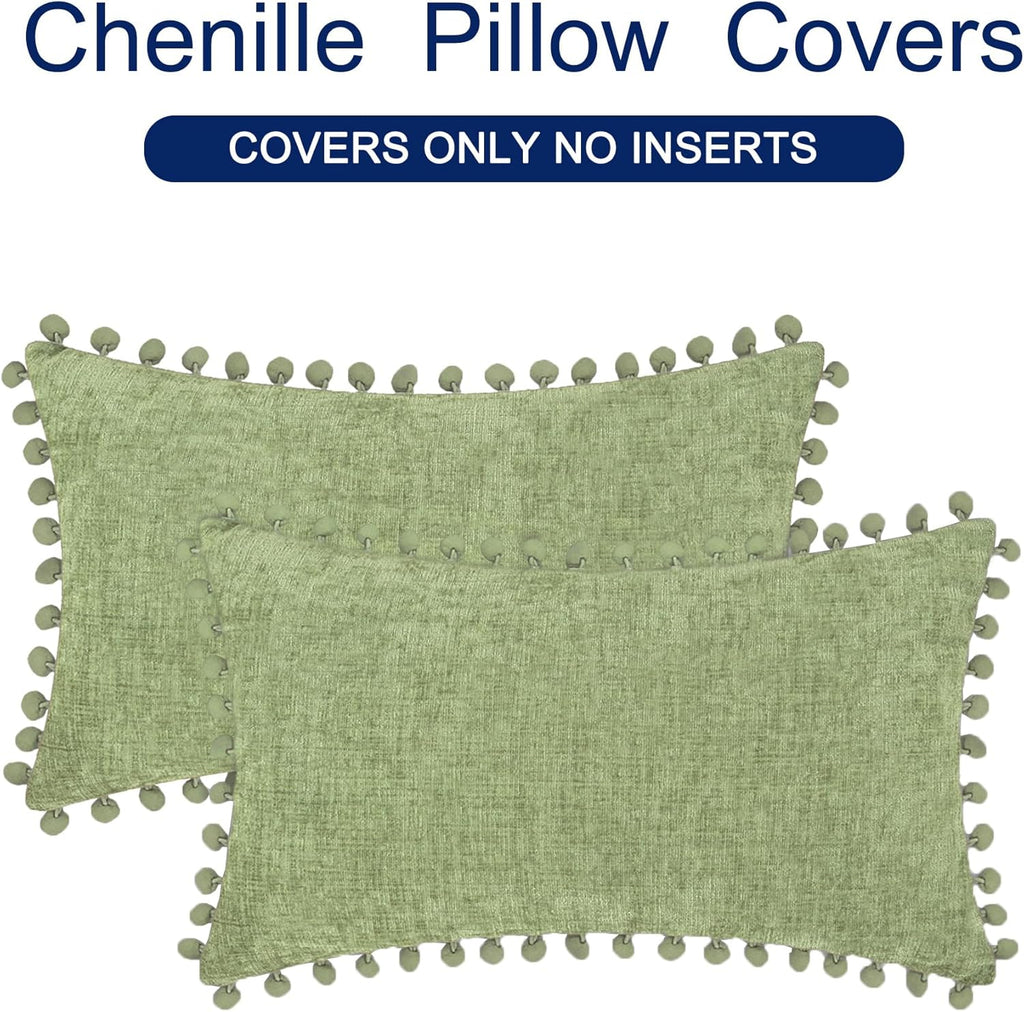 CaliTime Throw Pillow Covers Decorative 20 X 12 Inches Pack of 2 Cozy Solid Dyed Soft Chenille Cushion Cases with Pom Poms for Couch Sofa Bed Living Room Home Sage