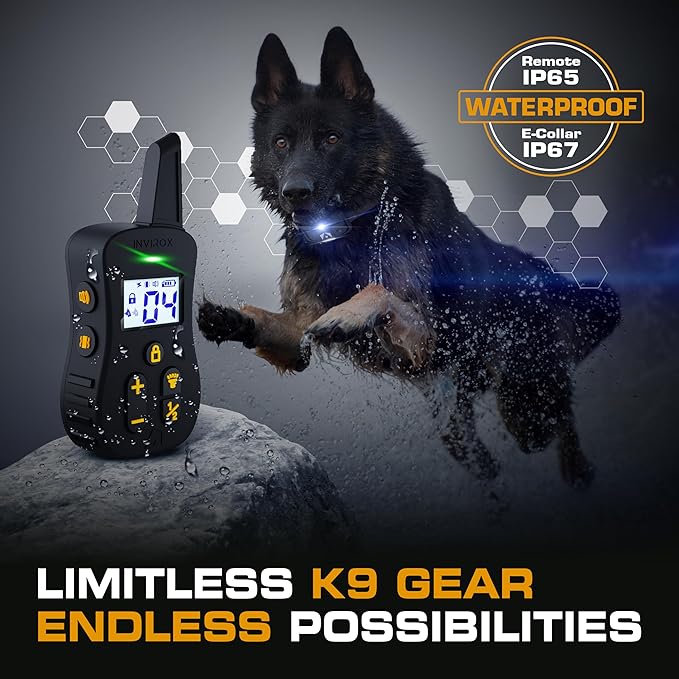 INVIROX Dog Shock Collar [Ultra K9] 124 Training Levels, 4 Powerful Modes with Night-Light and ¾ Mile Range 100% Safe Dog Training Collar for Large Dogs IP67 Waterproof (Double Receiver)